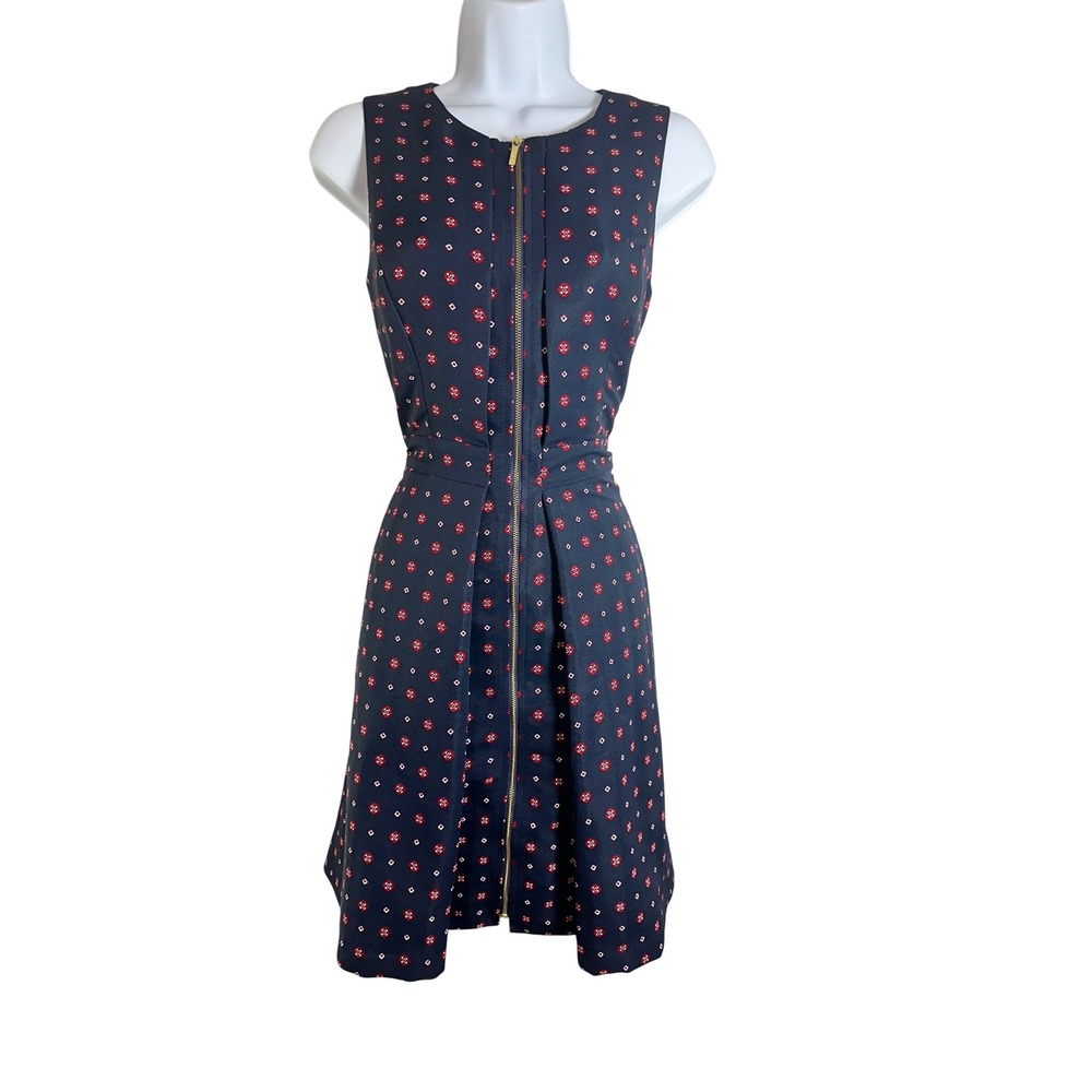 Tommy Hilfiger Navy Blue Red Geometric Floral Front Zip Fit Flare Dress Size 2